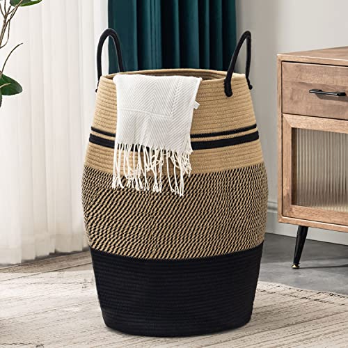 Jute Rope Laundry Hamper by YOUDENOVA, 105L - Woven Collapsible Laundry Basket - Clothes Storage Basket for Blankets organizing, Bedroom Storage, Clothes Hamper – Brown & Black - color: Jute
