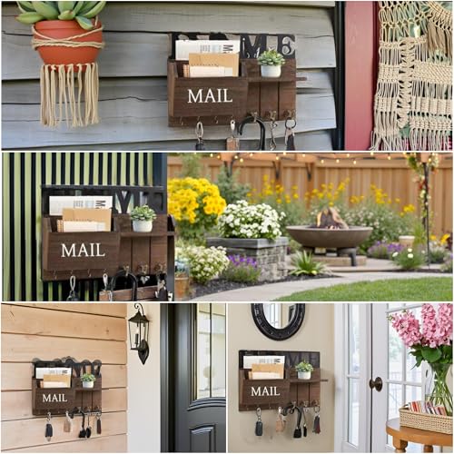 Rustic Wall Key Holder with Shelf & Hooks - Mail Organizer for Entryway | Wooden Key Rack for Keys, Coats, Dog Leash - Brown - color: Brown