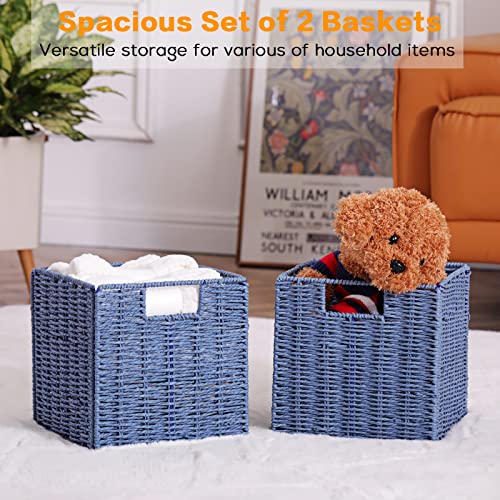 Vagusicc Wicker Basket, Set of 2 Hand-Woven Paper Rope Storage Baskets for Organizing, Foldable Cubby Storage Bins, 9 Inch Small Wicker Storage Basket, Square Baskets Cube Storage Organizer Bins, Blue - color: Dark Blue, size: 9'' x 9'' x 9''