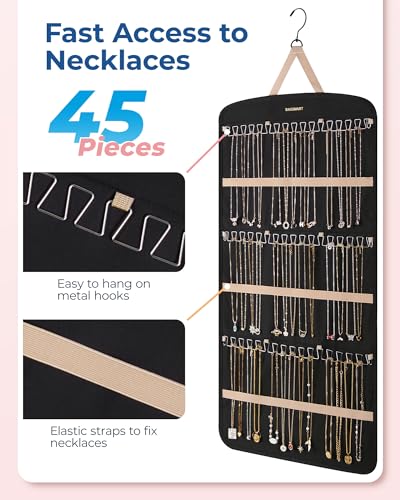 BAGSMART Hanging Jewelry Organizer, Necklace Holder Anti-tangle Earrings Rings Hanger with Pockets Hang on Closet, Wall, Door,1 Piece, Extra Large Black - color: Black, size: X-Large - Standard
