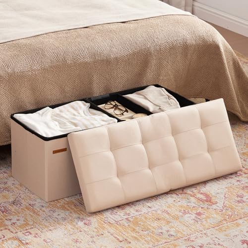 HAUSFRAU 31.5 Inches Ottoman with Storage, Folding Ottoman Small Foot Rest Stool Bedroom Bench with Flipping Lid, Linen Beige - color: Beige, size: 13"D x 31.5"W x 13"H