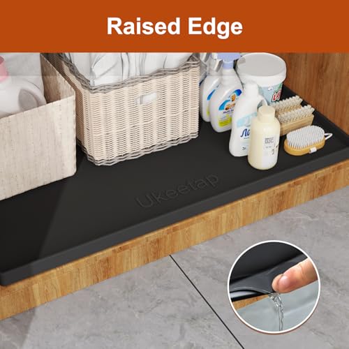 ukeetap Extra Thick Silicone Mat Waterproof with Raised Edge 34" x 22", Under Sink Mat for Kitchen & Bathroom, Kitchen Cabinet Liner, Multi-Purpose for Storage & Protection, Black - color: Black, size: 34"L x 22"W