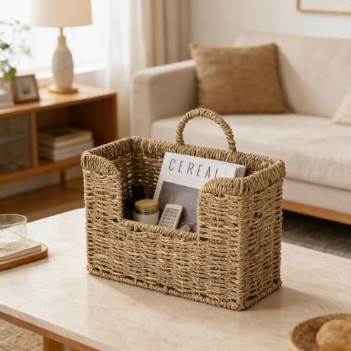 Woven Hanging Basket for Wall, Magazine and Mail Organizer Holder with Sturdy Frame,Seagrass Magazines Baskets Also Stands on Tabletop, Wall Mount Storage Rack for Home Office - color: Sea Grass