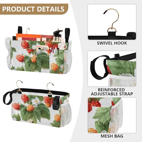 Bedside Caddy Metal Frame Hanging Organizer Bunk Bed Dorm Accessories Hook And Loop Storage Bag Large Pockets Cute Red Orange Raspberry Leaves - color: Cute Red Orange Raspberry Leaves