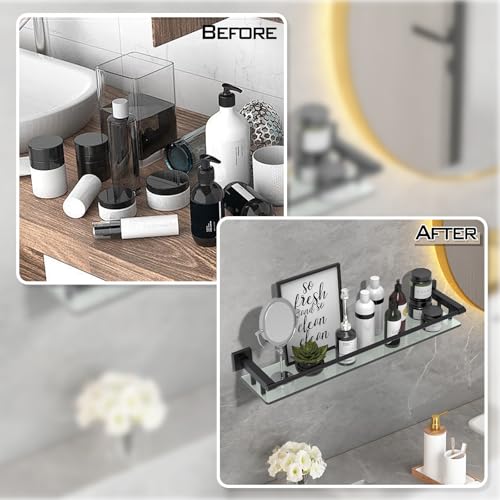 Glass Shelf for Bathroom Wall Sheves 24 inch Rectangular Stainless Steel Tempered Glass Modern Stainless Steel Wall Mount Accessories Organizers Storage (Matte Black) - color: Matte Black, size: 24'' with Railing
