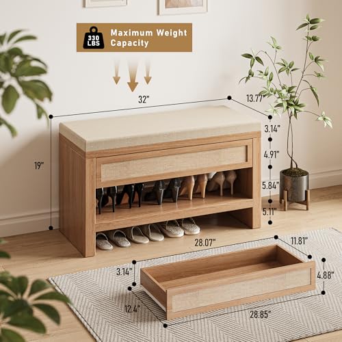 32” Shoe Bench with Storage Drawer, Farmhouse Entryway Bench with Linen Seat Cushion, Wooden Shoe Rack with Shelf for Entryway Hallway Living Room Bedroom, Oak