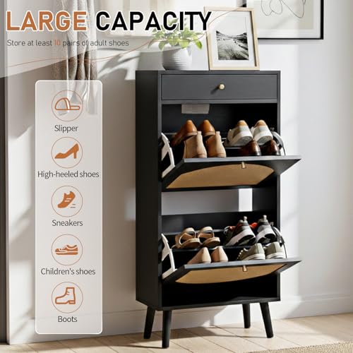 Karl home Shoe Rack Storage Organizer, Rattan-Panel 1-Drawer 2-Tilt-Out Shoe Storage Cabinet, Hidden Shoe Storage for Entryway,Ideal for Heels,Slippers,Casual Shoes,Black - color: Black, size: 1-Drawer 2-Tilt-Out