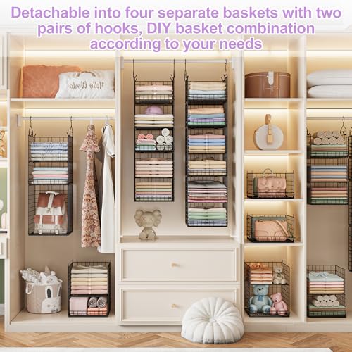 6 Tier Hanging Closet Organizers and Storage Stackable Hanging Closet Shelves with 4 Hooks 2 Adjustable Dividers, Wire Storage Basket Bins for Clothing Purse Sweaters Shoes Socks Dolls, Foldable - color: Black, size: 6-Tier Larger