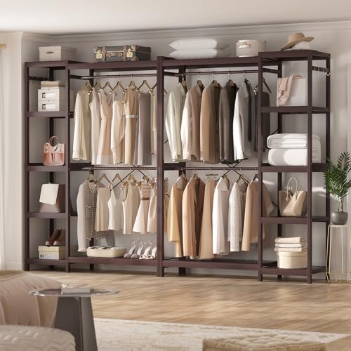 Homykic Bamboo Clothes Rack Garment Rack for Hanging Clothes, Heavy Duty Clothing Rack with 7 Tiers Adjustable Shelves, Double Rods, 4 Hooks, Freestanding Closet System Organizer Wardrobe, Espresso - color: Espresso, size: II Medium