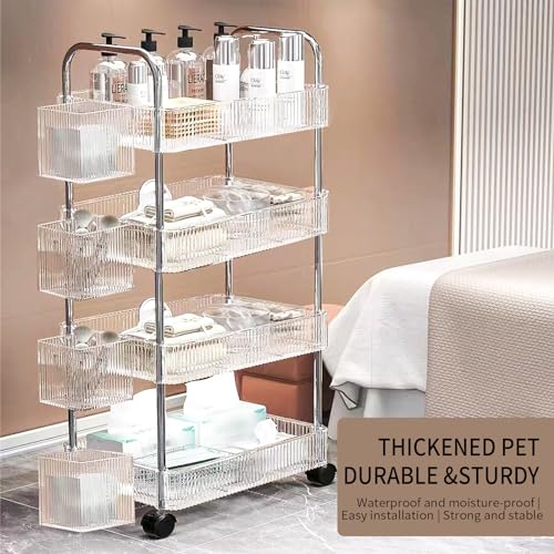 4 Tier Rolling Cart with Hanging Basket, Acrylic Storage Carts with Lockable Wheels, Utility Carts Storage Organizer Serving Cart for Office, Living Room, Kitchen, Bathroom - style: 4-Tier