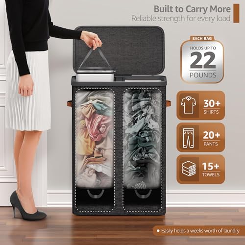 Sorbus Laundry Hamper with Lid - Collapsible 2-Compartment Fabric Laundry Basket with Handles and Removable Laundry Bag – 45 Gallon (170 L) Dirty Clothes Hamper for Bedroom, bathroom and dorm (Black) - color: Black, size: 2 Compartment
