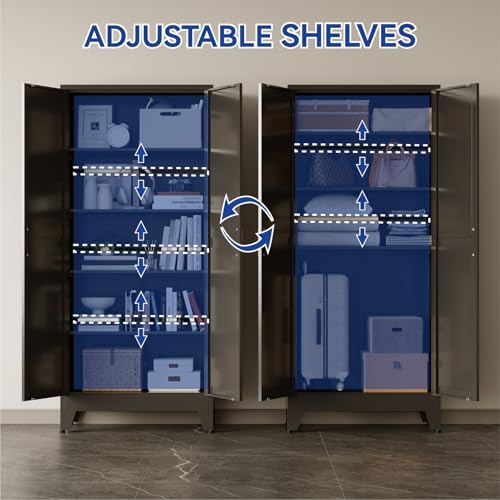 COFaR Metal Pantry Cabinet with Doors, Farmhouse 71'' Tall Storage Cabinet with 4 Adjustable Shelves, Kitchen Pantry Cabinet for Dinning Room, Garage, Laundry, Bathroom, Black 5-Tier - color: Black, size: 71 Tall 2 Doors-Farmhouse