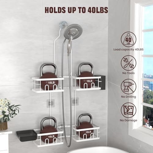 REINHARDT Adjustable Shower Caddy Hanging Rustproof Shower Caddy for Handheld Showerheads, Shower Organizer with Hooks Soap Holder Toothbrush Holder, Anti-Swing Shower Rack Bathroom Accessories, White - color: White
