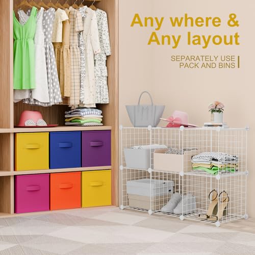 Leinuosen 6 Cube Storage Organizer with 6 Foldable Fabric Storage Bins, Metal Wire Grid Shelves, Stackable Modular Closet Organizer for Bedroom Living Room Office Toys Books(White,Colorful) - color: White,Colorful