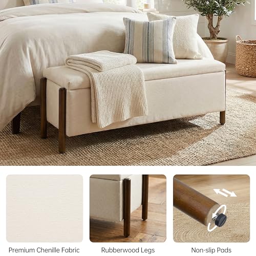 Usaint Wooden Storage Ottoman Bench, 47" Fabric Upholstered End of Storage Bench with Rubberwood Legs, Entryway Bench with Storage for Bedroom, Living Room, Reception, Cloakroom, Beige - color: Beige