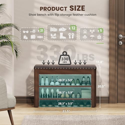 Shoe Bench for Entryway, Solid Rubberwood Shoe Bench with Hidden Storage, Adjustable 2-Tier Shelves & Soft PU Leather Seat, Shoe Rack Durable Easy Assembly for Hallway or Bedroom - Brown, 31.5" - color: Brown, size: 31.52"W x 11.82"D x 20.47"H