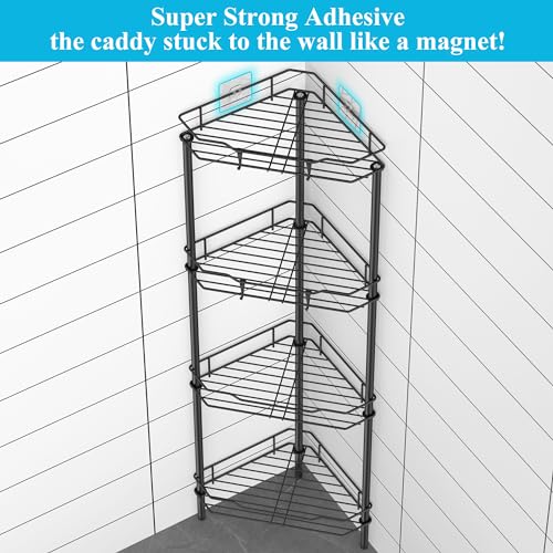 HuggieGems 4 Tier Floor Standing Corner Shower Caddy Organizer Shelf with Hooks, Bathroom Shelves Stand Rack, Black - color: Black, size: 4 Tier
