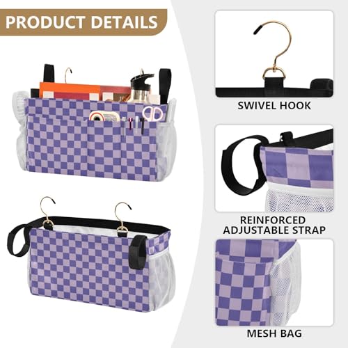 Purple Checkerboard Print Bedside Caddy Storage Bag Bedside Organizer for Bunk Bed Headboards College Organizer Caddy Hanging Shelf 6 Pockets with Hooks for Drinks Magazine Phone Holder - color: Checkerboard Purple