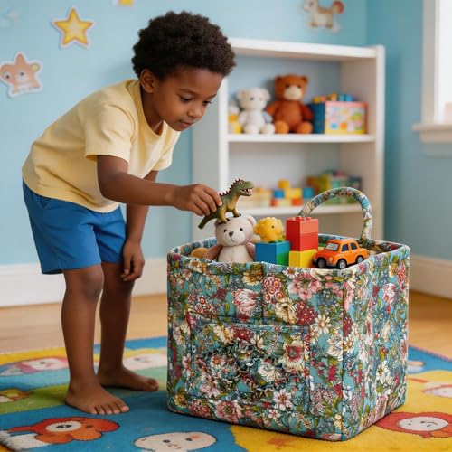 Quilted Laundry Basket with Handles - Multi-Purpose Fabric Storage Basket，Boho Fabric Storage Baskets with Handles for Car, Home & Nursery - Collapsible Square Organizer (Green) - color: Green