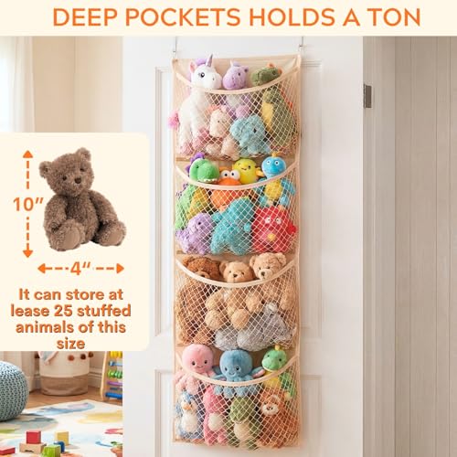 Over The Door Stuffed Animal Storage, Cotton Toy Organizer for Storage Plush Toys,Baby Supplies, Stuffed Animal Holder with 4 Large Pockets, Hanging Door Organizer for Nursery, Bedroom, Kids Room - color: Beige, size: Normal