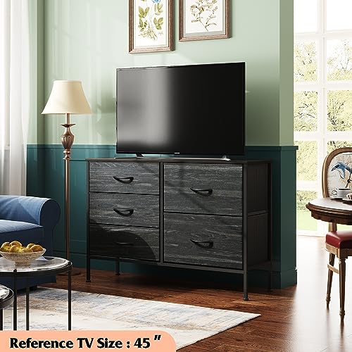 WLIVE Dresser for Bedroom with 5 Drawers, Wide Dressers with Drawer Organizers, Chest of Drawers, Fabric Dresser for Living Room, Closet, Hallway, Charcoal Black Wood Grain Print - color: Charcoal Black Wood Grain Print
