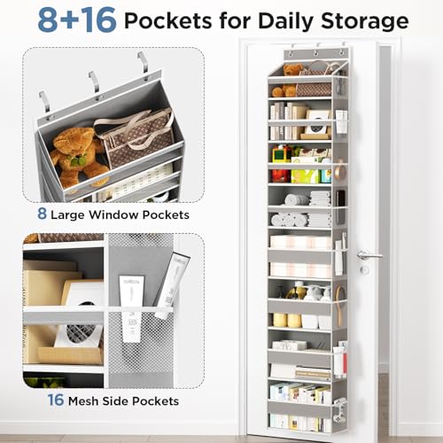 Mefirt Over The Door Organizer, 8 Shelf Door Hanging Organizers with 8 Large Capacity Pockets, Back of Door Organizer Storage Hanging Shelves for Closet Bathroom Bedroom Nursery - color: Grey, size: 8-Tier
