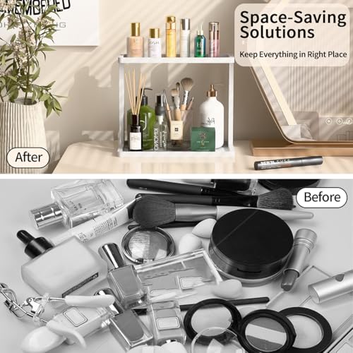 PEKER Bamboo Bathroom Organizer Countertop – Small Vanity Storage Shelf for Makeup, Perfume, Skincare – Natural Cosmetics Display Rack for Dresser, Sink, Kitchen –White - color: White Bamboo