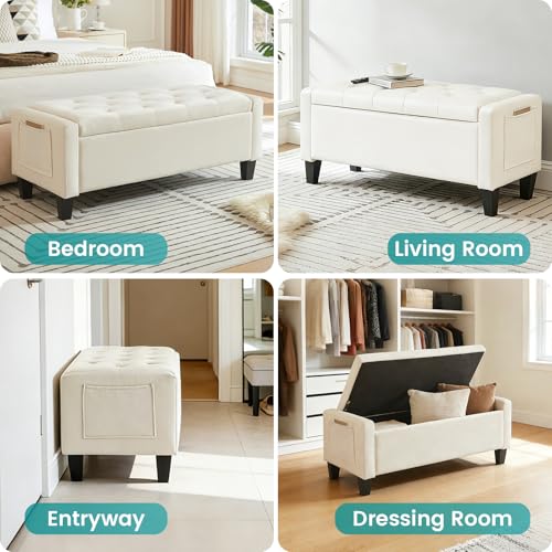 Virabit Velvet Storage Ottoman Bench, End of Bed Bench with Button, Two Side Storage Pockets, Organizer Storage Chest, Upholstered Foot Rest with Legs, Load up to 400 lb, Beige