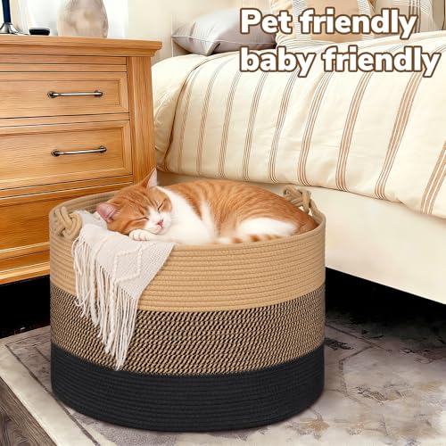 CherryNow 22"x22"x14" Large Blanket Basket, Home Décor for Living Room Bedroom, Decorative Wicker Woven Basket for Clothes, Toy Storage Basket for Kids, Camel Mix & Black - color: Camel Mix & Black, size: 83L (22"W x 14"H)