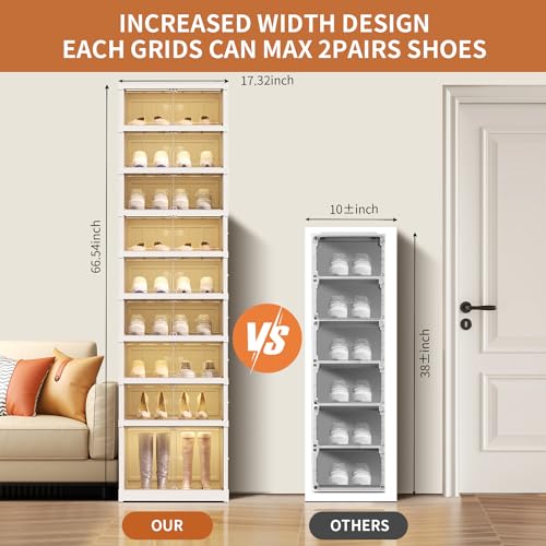 EHAMILY 9 Tier Foldable Shoe Rack Organizer for Closet 18-36Pairs Plastic Collapsible Shoe Racks Shelf Stackable Clear Folding Shoes Storage boxes for Small Spaces Narrow Shoe Storage Cabinet - size: 9 Tiers 18 Pairs