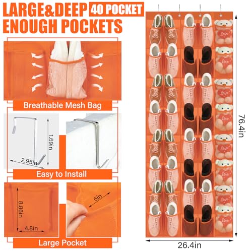 Windyun 40 Over the Door Shoe Organizer Large Mesh Pocket Hanging Shoe Rack for Closet Orange Nonslip Behind Door Storage Holder Back to School Organizer for Dorm Room College Classroom Storage - color: Orange