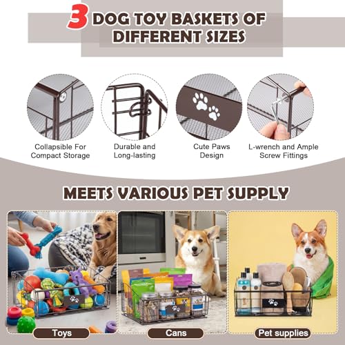Mimorou 3 Pack Metal Dog Toy Baskets Multi-sized Foldable Dog Toy Bins Box Storage Container Organizer for Living Room Area Decorative Pet Accessories Coat Clothing Storage Holder Baskets(Bronze) - color: Bronze