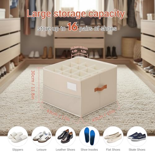 Shoe Organizer for Closet, Foldable Shoe Storage Organizer Containers with Clear Cover, Space Saving Shoes Holder with Handles, Beige (1, L) - color: Beige-1pcs Large