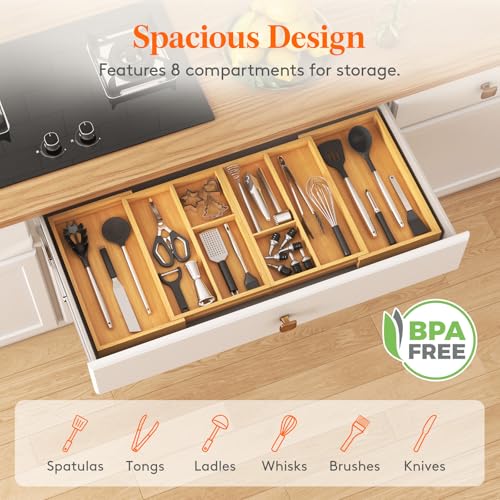 Lifewit Expandable Utensil Organizer for Kitchen Drawer, Adjustable Cooking Silverware Tray, Plastic Cutlery Flatware Holder, Spatula Tools Gadgets Storage Divider, 21- 36 x 16", Bamboo, Natural - color: Natural