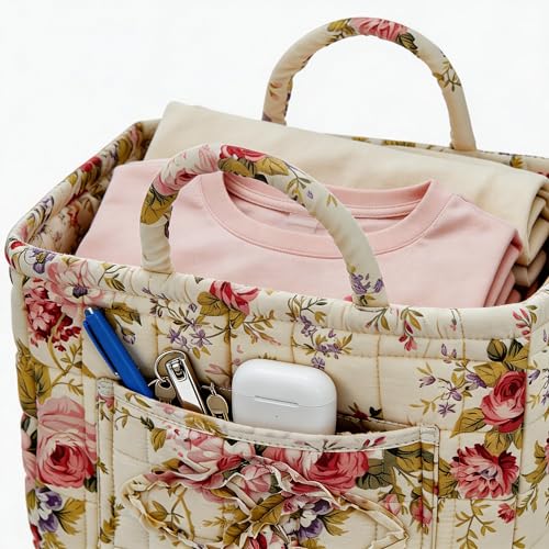 Quilted Laundry Basket with Handles - Multi-Purpose Fabric Storage Basket，Boho Fabric Storage Baskets with Handles for Car, Home & Nursery - Collapsible Square Organizer (White) - color: White