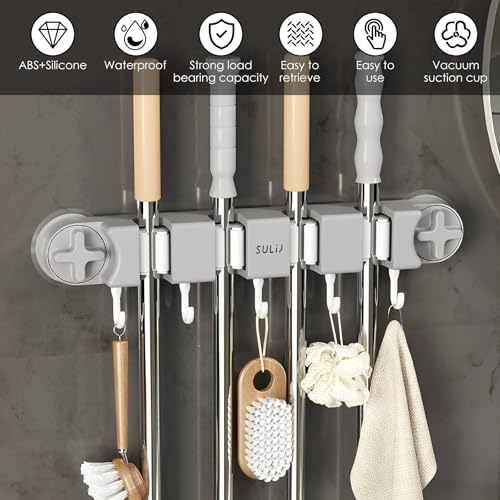Broom Holder Wall Mount Sturdy Mop and Broom Organizer with 4 Racks and 5 Hooks Vacuum Suction Cup Broom Mop Holder for Home, kitchen, Garden, Tools, Garage (grey) - color: Grey
