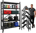 Grezone Foldable Shelves 5 Tier Heavy Duty Metal Storage Shelves with Wheels - No Assembly Collapsible Shelving Unit for Kitchen Garage Hold up to 1250 lbs - size: 39‘’W x 13.9''D x 62.9''H
