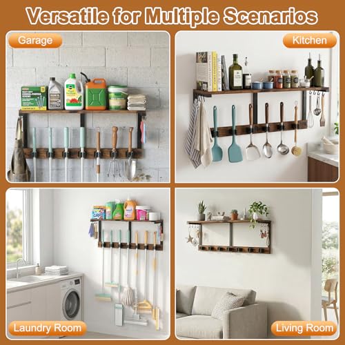 Housolution Broom Holder Wall Mount with Cleaning Supplies Organizer, 100 LBS High Load-Bearing Laundry Room Storage Shelves, Multifunctional Mop Hanger Rack with 7 Grippers & 8 Hooks - size: 1 Tier