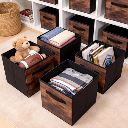 13 Inch Fabric Storage Cubes, 6 Pack Foldable Storage Bins with Handle, Fabric Cube Box for Shelves, Closet, Bedroom, Living Room, Organizer, Rustic Brown and Ink Black - color: 6 Pack Brown Black, size: 13 Inch