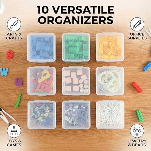 10 Pack Small Clear Storage Bins with Lids - Stackable Plastic Organizer Boxes for Crafts, Art Supplies, Jewelry, Beads, Office Tools - 3.54x3.54x4.53 Inch – Square Medium - size: Clear Square Medium - 10 Pack