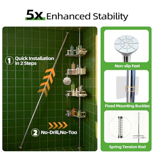 Corner Shower Caddy Tension Pole, 4 Tier Rust-Resistant Adjustable Bathroom Organizer Shelves, Bathtub Storage Rack with Soap Holder, No-Drill Install, Floor to Ceiling Rod 47-121 Inch, Silver - color: Silver