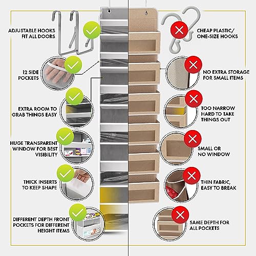 HOMELUX THEORY UPGRADED 6 Tiers Over The Door Organizer Hanging - 100D EXTRA THICK & 50lbs HUGE CAPACITY, 12 Side Mesh Pockets Over The Door Shoe Organizer, Hanging Closet Organizer (Light Gray, 2pc) - color: 2. Light Gray, size: Standard 2 sets