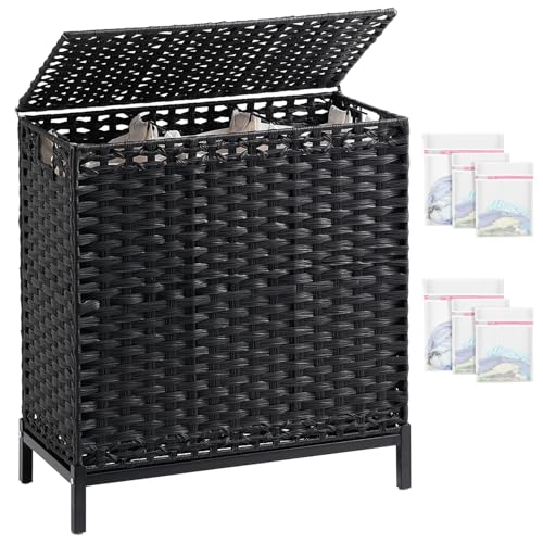 SETVSON Laundry Hamper with Lid 132 L, (35 Gallons) Clothes Hamper with Lid, Handwoven Rattan Laundry Hamper with Metal Heightened Feet, Laundry Hampers with 3 Removable Liner Bags for Laundry-Black - color: Black, size: 132 L - 35 gal