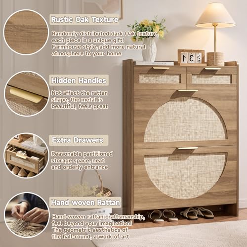 Rattan Shoe Storage Cabinet with 2 Flip Drawers & 2 Drawers, Freestanding Organizer for Front Door Entrance, Hidden Narrow Shoe Rack Cabinet Storage for Entryway, Rustic Oak Rattan - style: 2-Drawers