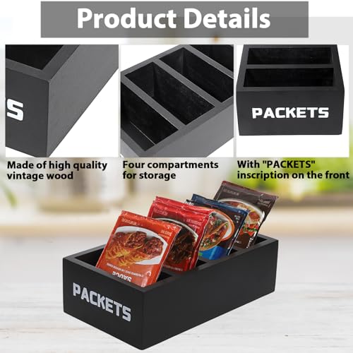 BSTKEY Seasoning Packet Organizer, Food Packet Storage Organizer with 4 Compartments, Black Wooden Storage Caddy for Kitchen Pantry Cabinet, Farmhouse Kitchen Organization Bin for Snacks Spice Packets - color: Black