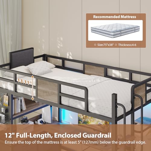 Dnxao Twin Loft Bed with Desk and 5 Storage Drawers,Loft Bed Twin Size with LED Lights and Charging Station, Metal Bunk Bed Frame with Ladder, Clothes Rail,Noise Free,Oak Gray - color: Oak Gray, size: Twin loft bed with 5 drawer