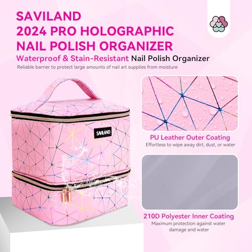 SAVILAND Nail Polish Organizer Bag: PU Leather Nail Polish Storage Organizer Holds 30 Bottles & Nail Lamp, Nail Polish Holder Travel Carrying Case Box Nail Tech Organizer Storage Bag for Nail Supplies - color: A-Pink