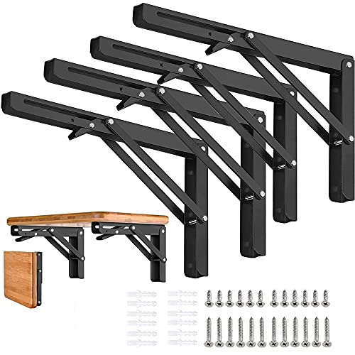 Folding Shelf Brackets - 18 inch 4 Pcs DIY Wall Mounted Shelf Brackets for Garage Workstation, Stuff Supports, Plant Stand - Heavy Duty Metal Collapsible Floating Shelf Bracket Black - size: 18 Inch- 4 Packs
