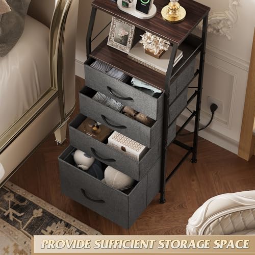 WLIVE Nightstand with Charging Station, Night Stand with LED Light, Tall 4 Drawer Dresser for Bedroom, 37" H Bedside Table with Fabric Storage Bins, Open Wood Shelf, Metal Frame, Dark Grey - color: Dark Grey, size: 4 Drawers