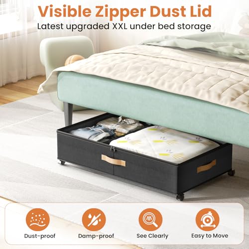 Under Bed Storage with Wheels, 72L XXL Under the Bed Storage Containers Large, 10‘’ Tall Adjustable Storage for Underbed with Lids, Rolling for Shoes, Clothes, Blankets, Black - color: Black